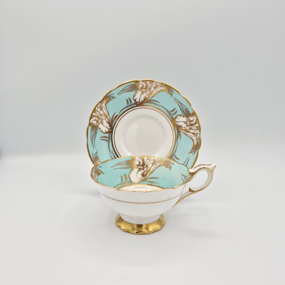 Royal Stafford Turquoise & Gold Acanthus Leaves Tea Cup & Saucer Bone China UK